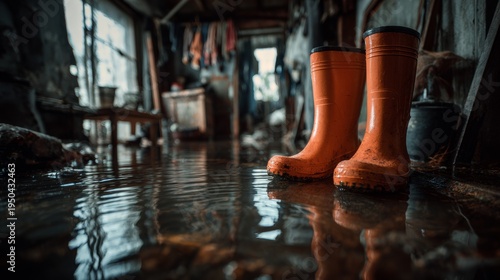 Man with boots in his flooded house