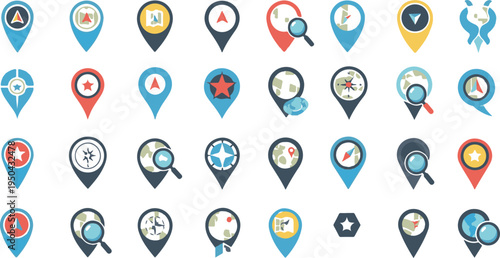 A comprehensive collection of diverse map pointer icons featuring various navigation symbols design