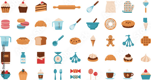 A collection of various baking and kitchen icons featuring desserts and essential culinary tools
