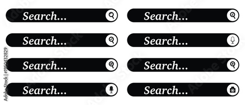 Web browser search bar frames with magnifier. Website navigation buttons. Computer help assistant. Vector illustration.