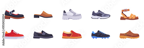 Set of footwear icons, clog, loafer, mary jane, sneaker, cleat, colorful collection with vector flat illustrations