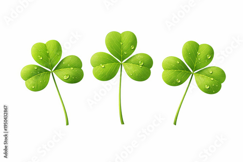 Three Vibrant Clover Leaves with Dew Drops on White Background
