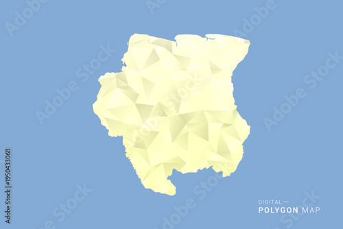 Suriname Map in low poly polygon vector style, geometric shape illustration with soft yellow tones on blue background, clean silhouette for infographic.