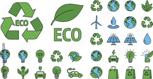Collection of various eco friendly and environmental sustainability icons on a white background