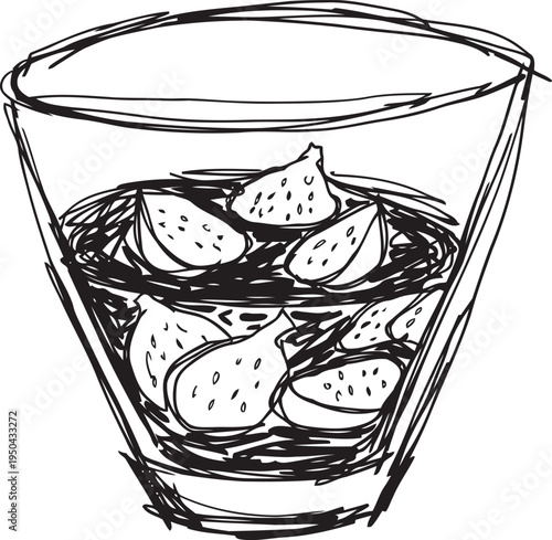 Whiskey glass with ice cubes and lemon wedges hand drawn sketch illustration for beverage concept