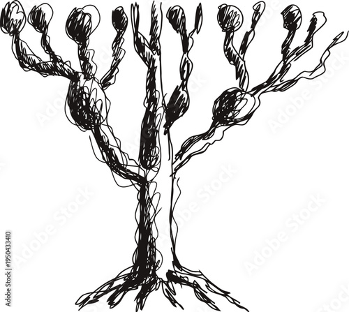 Abstract tree sketch with rounded branches and roots in black ink drawing on white background