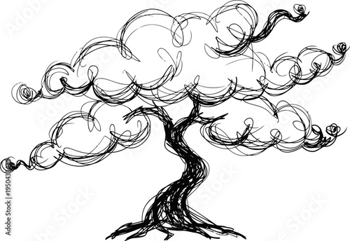 Whimsical hand drawn tree sketch with curly branches and swirling foliage in black ink