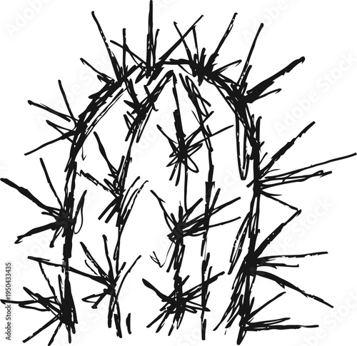 abstract black and white sketch of cactus with sharp spines minimalistic botanical line art drawing of desert plant