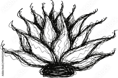 Abstract hand drawn aloe vera plant sketch with detailed long pointed leaves