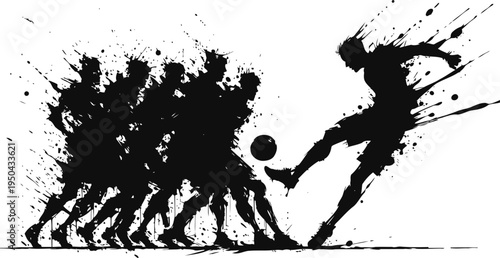 Dynamic soccer player kicking ball against defensive wall in artistic black ink splatter