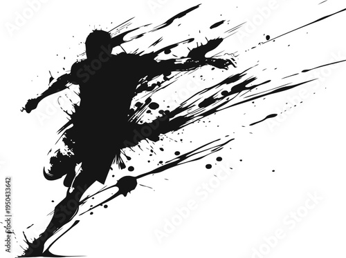 Dynamic soccer player silhouette with ink splatter effect kicking the ball in motion