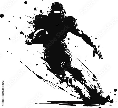 American football player running with ball in dynamic ink splash silhouette
