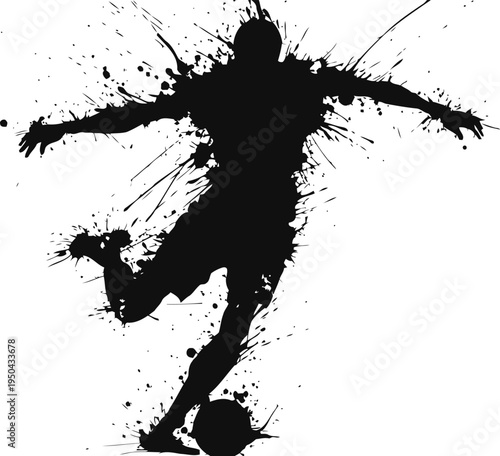 Silhouette of football player kicking ball with dynamic paint splatter effect on white background
