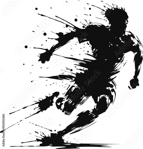 Dynamic ink splatter silhouette of a soccer player kicking the ball, artistic sports action illustration