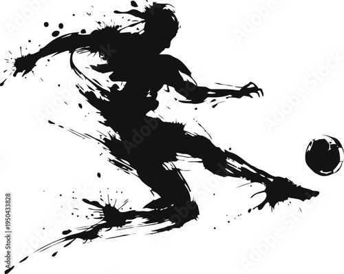 Dynamic soccer player silhouette kicking ball with energetic paint splash effect