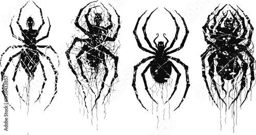 Black spider silhouettes with grunge ink splatter effect on white background, halloween and horror design elements