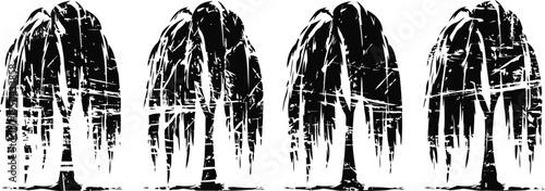 Four black silhouettes of standing men in overcoats with long shadows on a white background