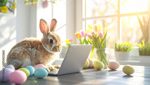 A rabbit sits at a laptop surrounded by colorful Easter eggs and tulips in sunlight, blending festive spring charm with playful human-like creativity.