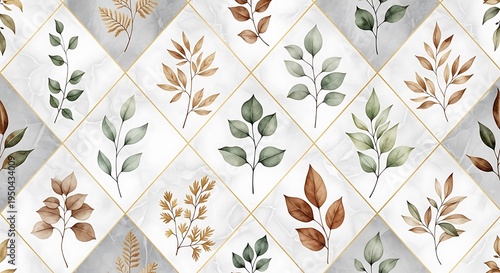 Abstract pattern of leaves in watercolor style, arranged in a grid with gold accents