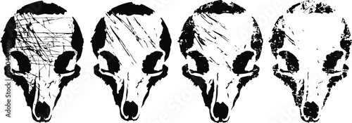 four stylized animal skull illustrations in black and white with varied line textures and shading