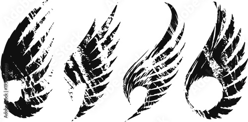 set of four stylized black tribal wings with sharp feather details and dynamic curves
