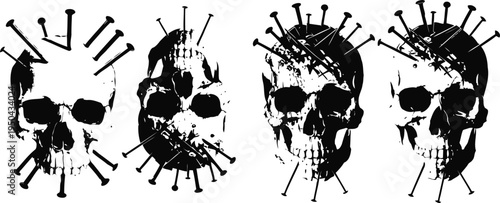 black skulls with nails driven into heads grunge horror illustration set creepy gothic anatomy and dark art