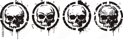 set of four grunge skull icons inside circular targets with splatter and distressed