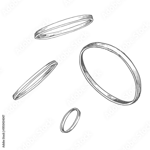 Onion rings. Vector ink styled handmade illustration. For packaging design, cards, cover, prints, product labels and fabric.