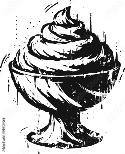 Whipped cream dessert illustration in a glass bowl, creamy swirl topping, vintage