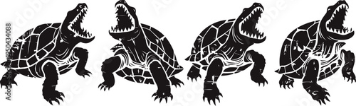 black and white alligator snapping turtle illustration set with open and closed mouth poses