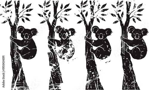 koala climbing eucalyptus tree silhouette set australian wildlife vector design collection in black and white