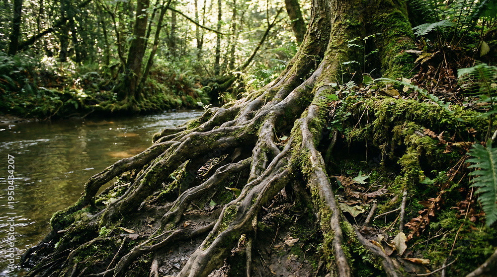 Obraz premium Gnarled Exposed Tree Roots Gripping a Muddy Bank in a Lush Forest Setting