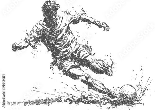 Dynamic soccer player kicking ball in action monochrome sketch art, sports energy and movement captured