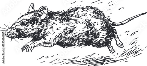 Running rat illustration side view rodent sketch with detailed fur and whiskers