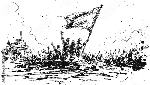 victory celebration with crowd waving flag in front of historic building silhouette