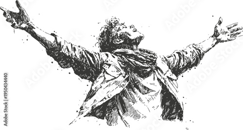 Man with arms outstretched celebrating freedom and joy, expressive black and white sketch drawing