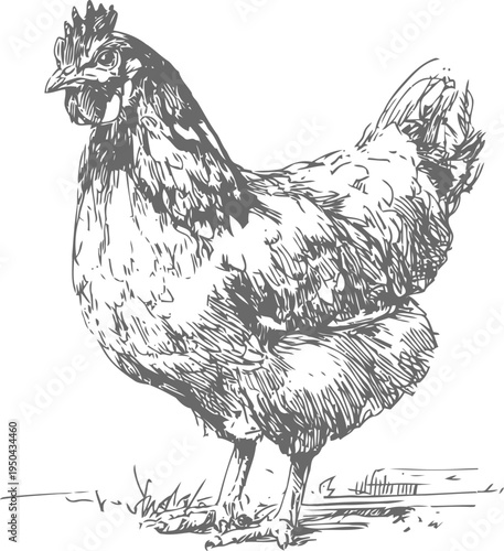 Detailed hand drawn chicken illustration farm bird sketch in vintage engraving with textured feathers and natural posture