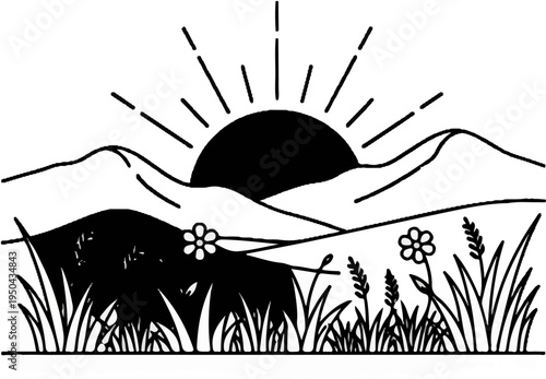 A sunrise over rolling hills with flowers and grass in the foreground