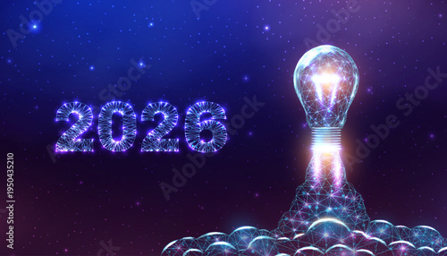 Futuristic light bulb, glowing polygon mesh. Abstract tech concept representing innovation, creative solutions, and digital energy in neon blue geometric wireframe style. Vector illustration.