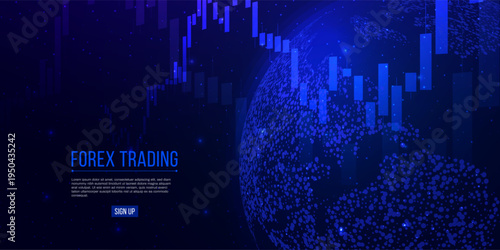 Forex trading banner. Candle stock graph chart with planet Earth. Stock market investment concepts. Global trading on blue background. Vector illustration