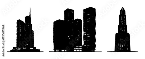 Skyscraper set with solid black silhouette and geometric grid design featuring futuristic, modular, sustainable architecture with urban planning and city skyline