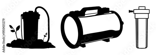 Water filter set with solid black silhouette design featuring portable, survival, eco-friendly with technology and purification