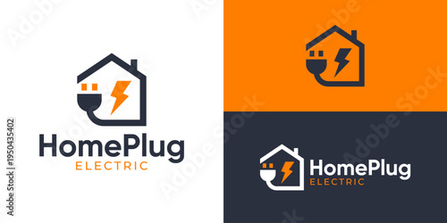Creative simple home plug logo template. Home with plug and lightning symbol logo for electrical installation company.