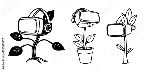 Plant set with VR headset and quirky digital nature theme featuring thick lines, cartoon style, and white background