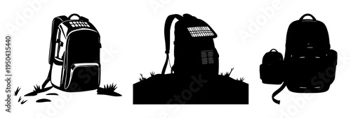Solar-powered backpack set with solid black fill on white background featuring solar panel, backpack, tech with nomadic lifestyle and sustainability