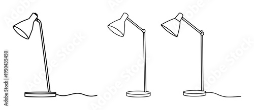 Designer task lamp set with minimalist line art design featuring interior office design, thin consistent stroke, white background with illustration and vector graphics
