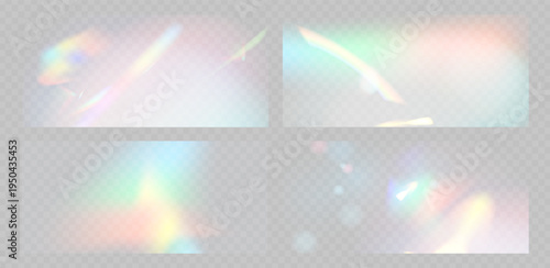 Blurred rainbow refraction overlay effect. Light lens prism effect on transparent background. Holographic reflection, crystal flare leak shadow overlay. Vector abstract illustration.