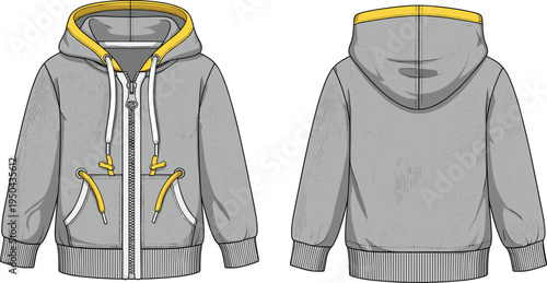 Kids zip up hoodie jacket vector template, children hooded sweatshirt with drawstring pockets, front and back view apparel fashion flat sketch
