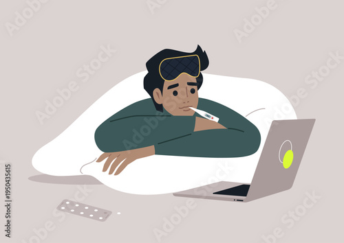 Character feeling ill in bed, resting with a laptop while wrapped in a cozy blanket and keeping track of symptoms with a thermometer in a relaxed room setting