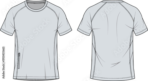 Men athletic raglan sleeve t shirt vector template, performance sport tee with zipper pocket, front and back view technical flat sketch